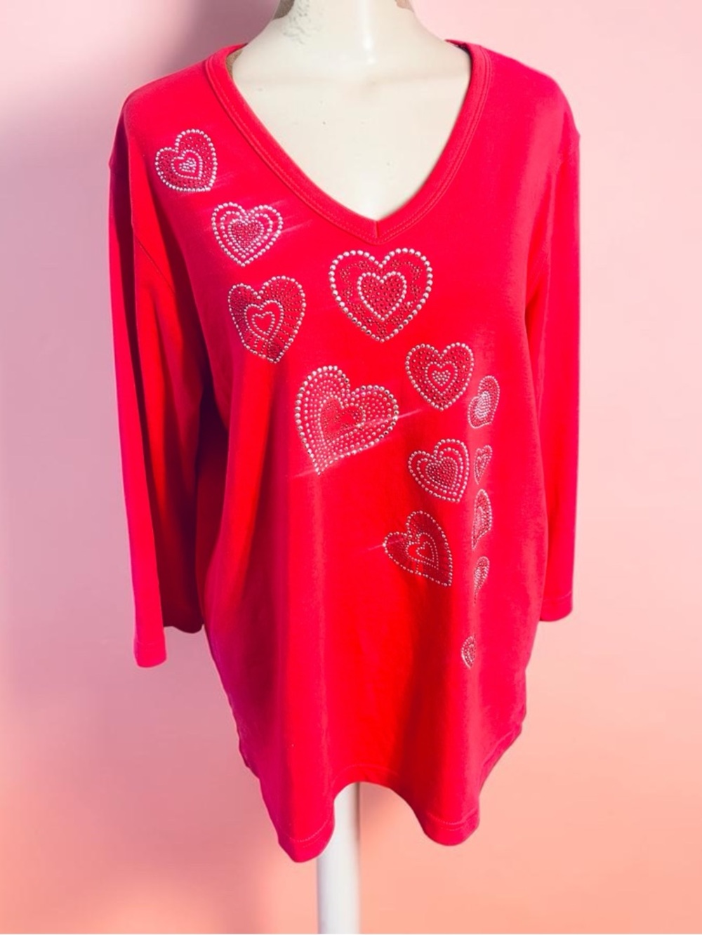 Red V-Neck Long Sleeve Top with Heart Rhinestone Detail